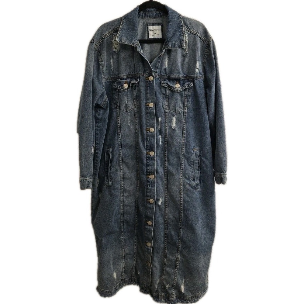 Highway Jeans‎ Denim Distressed Trench Coat Midi Dress 2X Taylor Swift Lookalike
